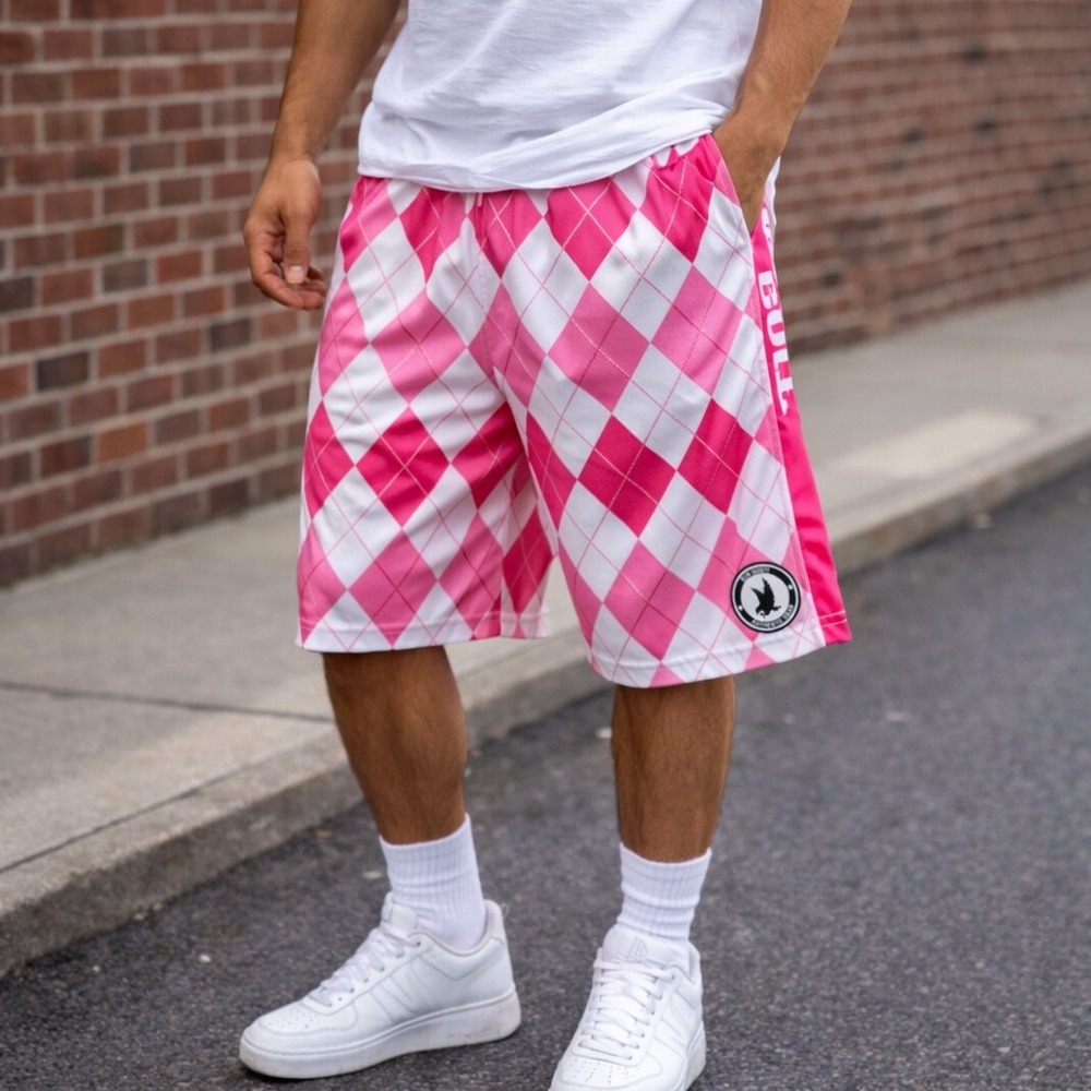 Flow Society Shorts Mens Medium Pink Argyle Basketball Athletic Y2K Loud